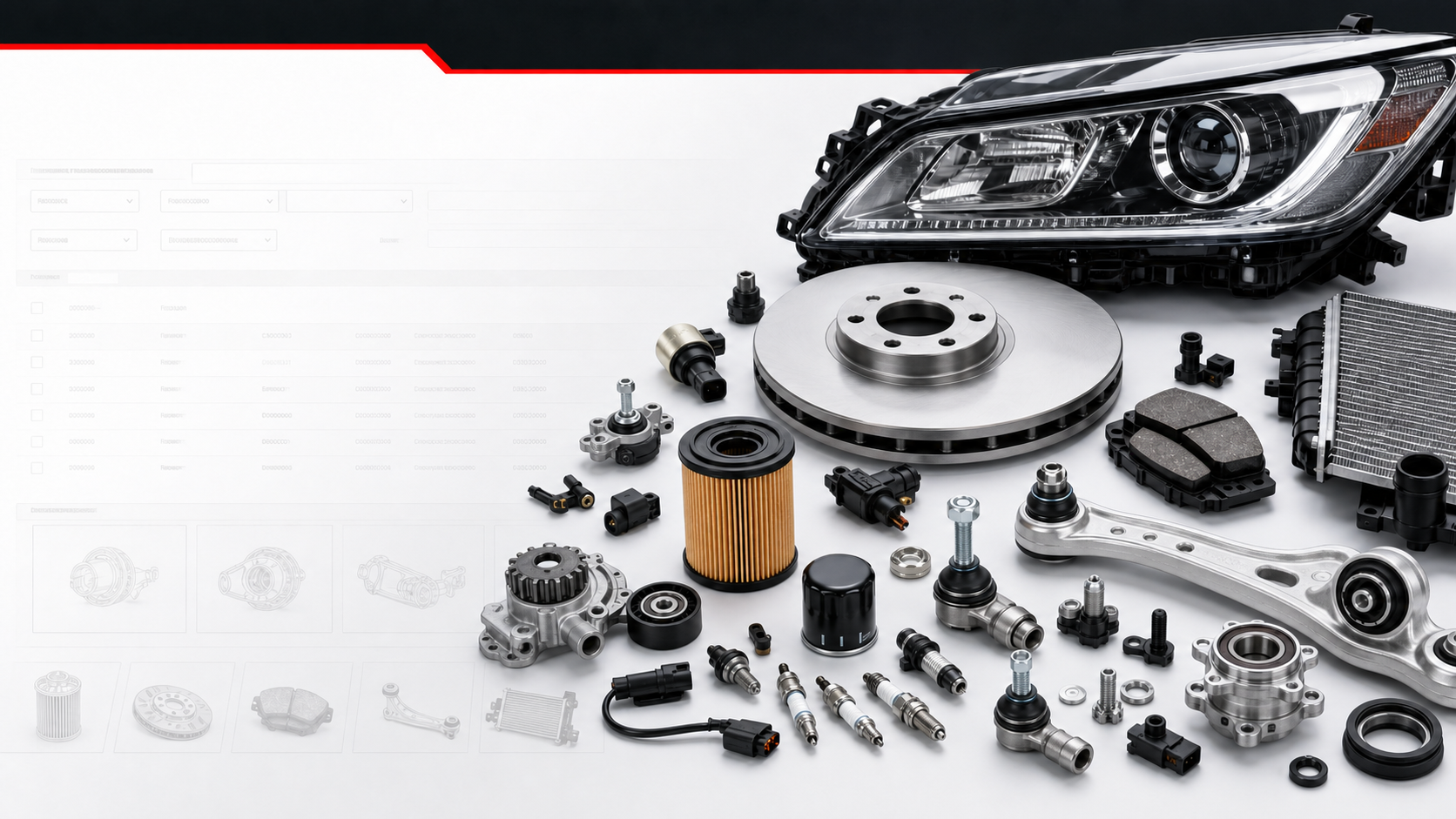 Chinese vehicle spare parts database banner with headlights, brake parts, filters, sensors and suspension parts